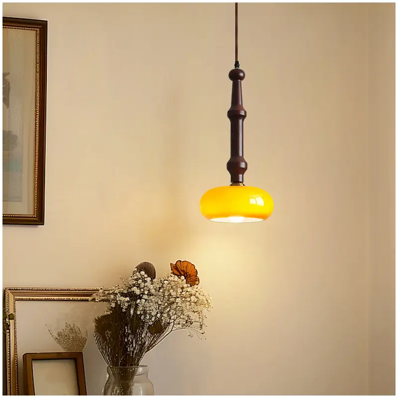 Traditional Vintage Rubber Wood Glass Flat Round Cylinder 1-Light Pendant Light For Bedroom & Living Room