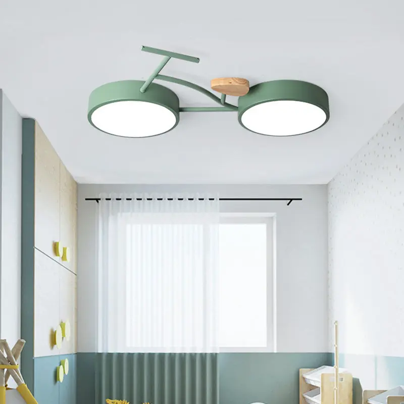 Contemporary Creative Bike Iron Wood Acrylic LED Flush Mount Ceiling Light For Bedroom