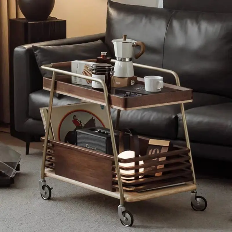 Modern Minimalist Ash Wood, Glass & Stainless Steel Rectangular Side Table With Wheels And 2-Tier Storage For Living Room & Bedroom