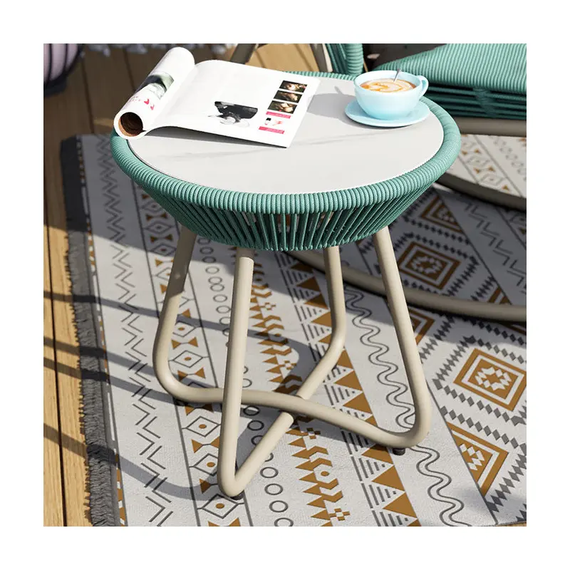 Contemporary Boho Sintered Stone Round Top PE Woven Rattan End Table For Balcony