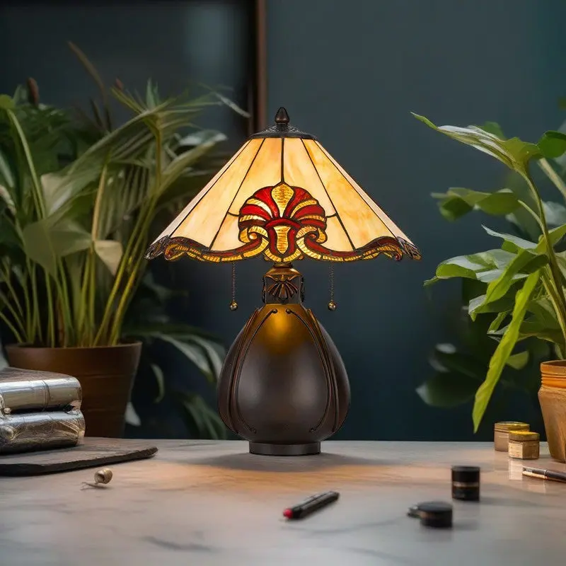 Traditional Tiffany Stained Glass Conical Shade Resin Vase Base 1-Light Table Lamp For Bedroom