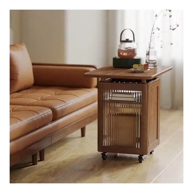 Contemporary Scandinavian Solid Wood & Glass Mobile Rectangular Side Table With 1-Storage For Living Room