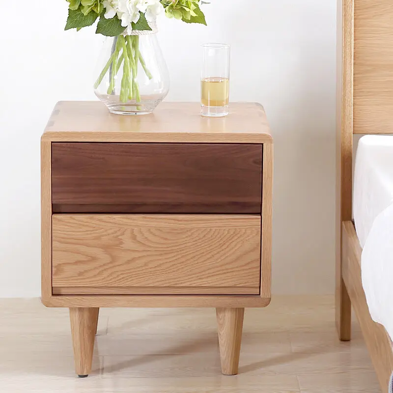 Traditional Japanese Solid Wood Rounded Square Conical Nightstand With 2 Drawers For Bedroom