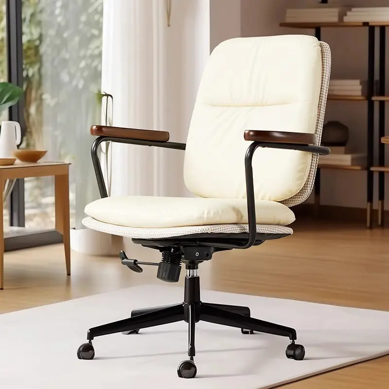Contemporary Luxury Square Genuine Leather Upholstered Height Adjustable Swivel Desk Chair Backrest Armrest For Home Office