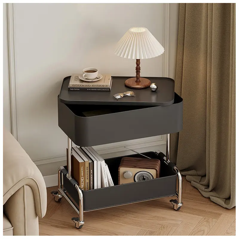 Contemporary Creative Medium-Density Fiberboard Metal Rounded Square Mobile End Table With 2 Tiers For Living Room