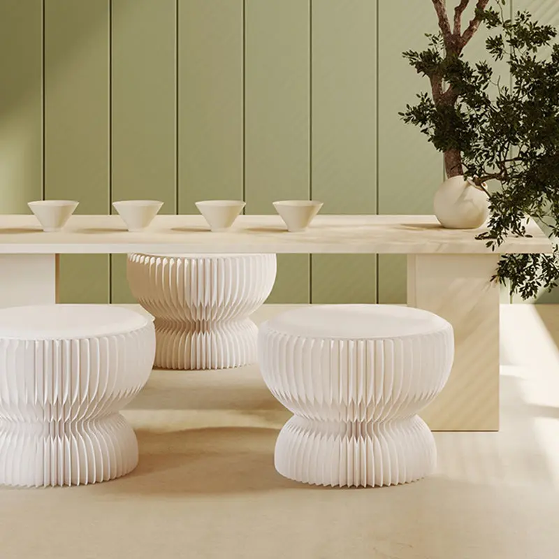 Contemporary Creative Leather & Kraft Paper Lotus-Shaped Foldable Low Stool For Bedroom & Living Room