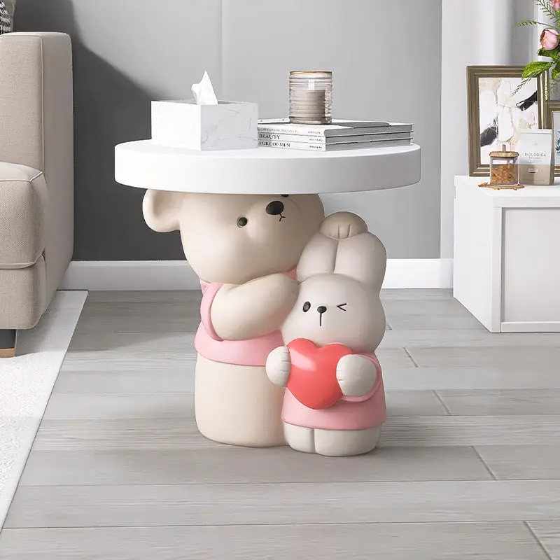 Contemporary Creative Resin Bear & Bunny Base Round Side Table For Living Room & Bedroom