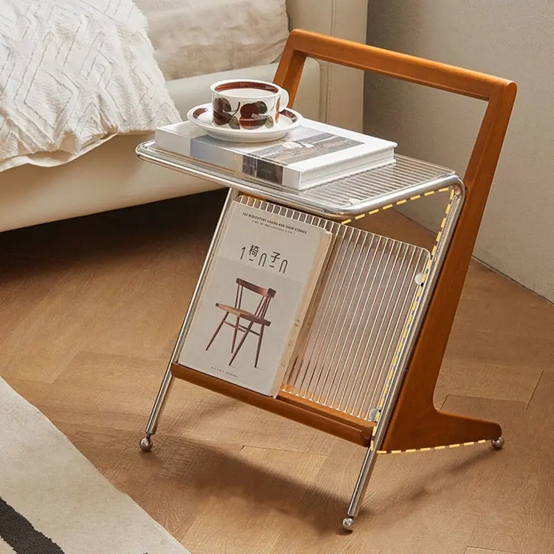 Contemporary Retro Geometry Glass Solid Wood Stainless Steel Side Table 1 - Tier For Living Room