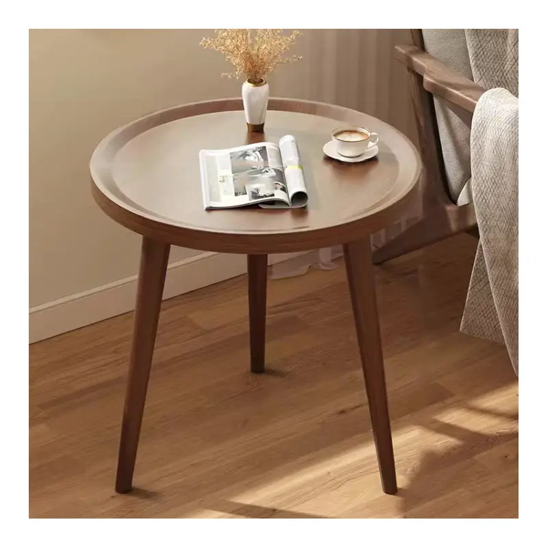 Traditional Japanese Round Solid Wood Tray Top End Table For Living Room