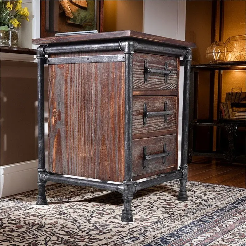 Contemporary Industrial Square Cube Iron Solid Wood Nightstand 3 - Drawer For Bedroom
