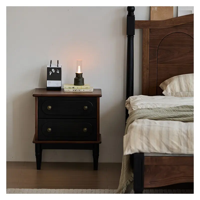Traditional Vintage Walnut Oak Rounded Square Nightstand With 2 Drawers For Bedroom
