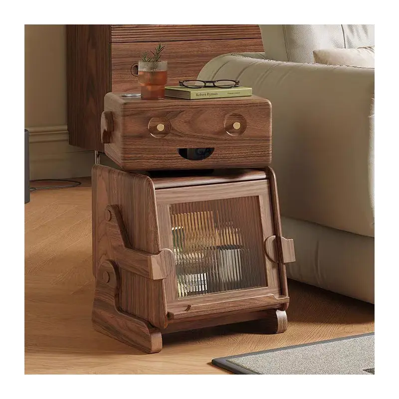 Contemporary Creative Solid Wood Glass Robot-Shaped Side Table 2-Storage For Living Room