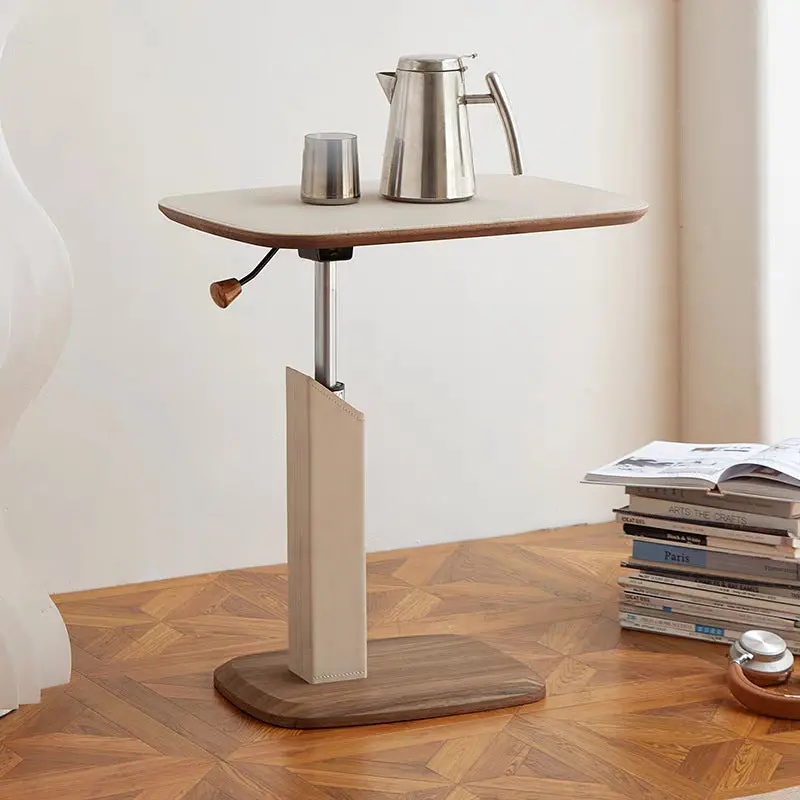 Modern Simplicity Square Liftable Swivel Faux Saddle Leather Solid Wood Multilayer Board Stainless Steel End Table 1 - Tier For Living Room