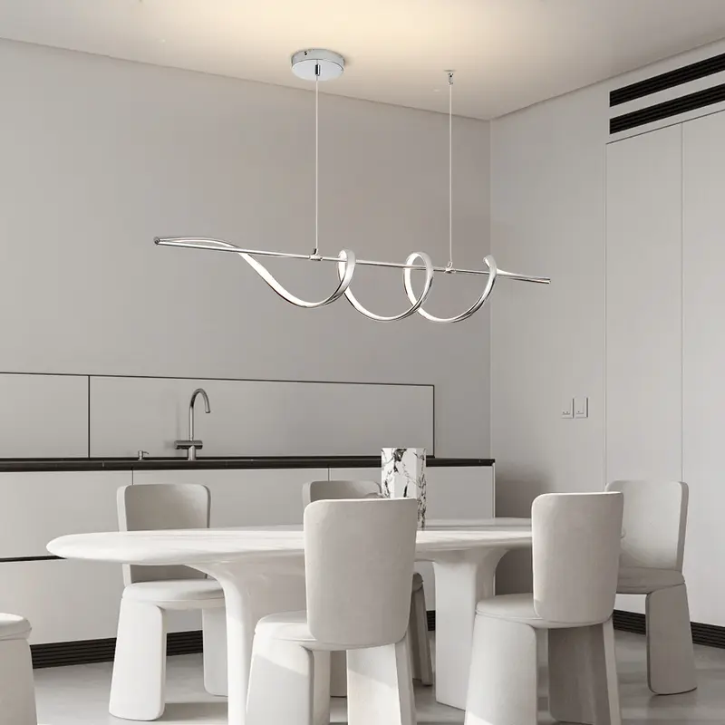 Contemporary Creative Aluminum PVC Curved Linear LED Chandelier Island Light For Dining Room