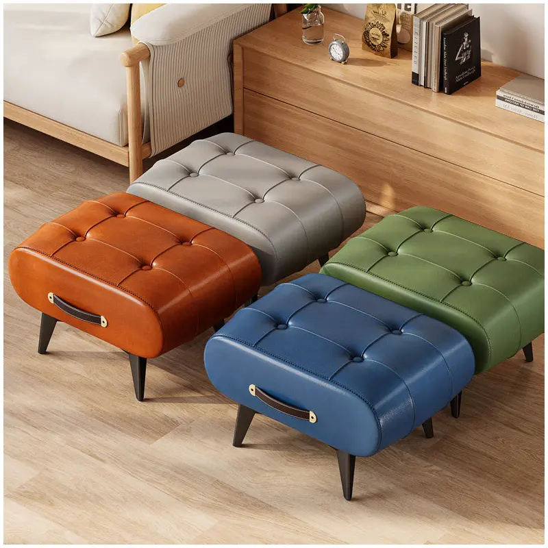 Contemporary Scandinavian PU Leather Solid Wood Metal Rectangular Low Stool For Living Room