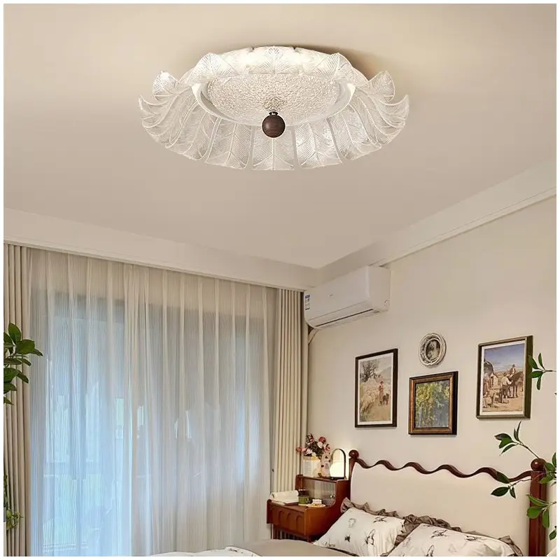Traditional French Round Petal Iron Glass Acrylic LED Flush Mount Ceiling Light For Bedroom