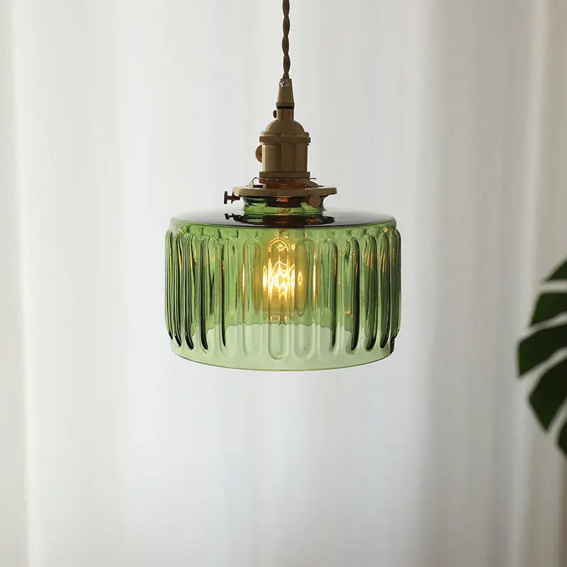 Traditional Vintage Ribbed Glass Cylinder Shade Brass 1-Light Pendant Light For Living Room