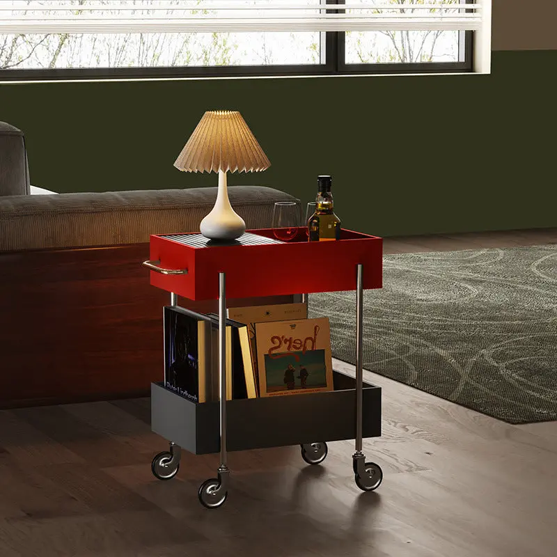 Modern Transitional Glass Rectangular Top Carbon Steel End Table 2- Tier Storage Shelves With Casters For Living Room