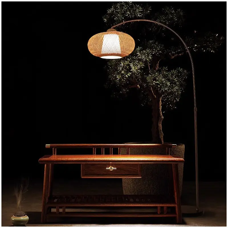 Traditional Chinese Marble Bamboo Stainless Steel Curved Oval 1-Light Standing Floor Lamp For Living Room