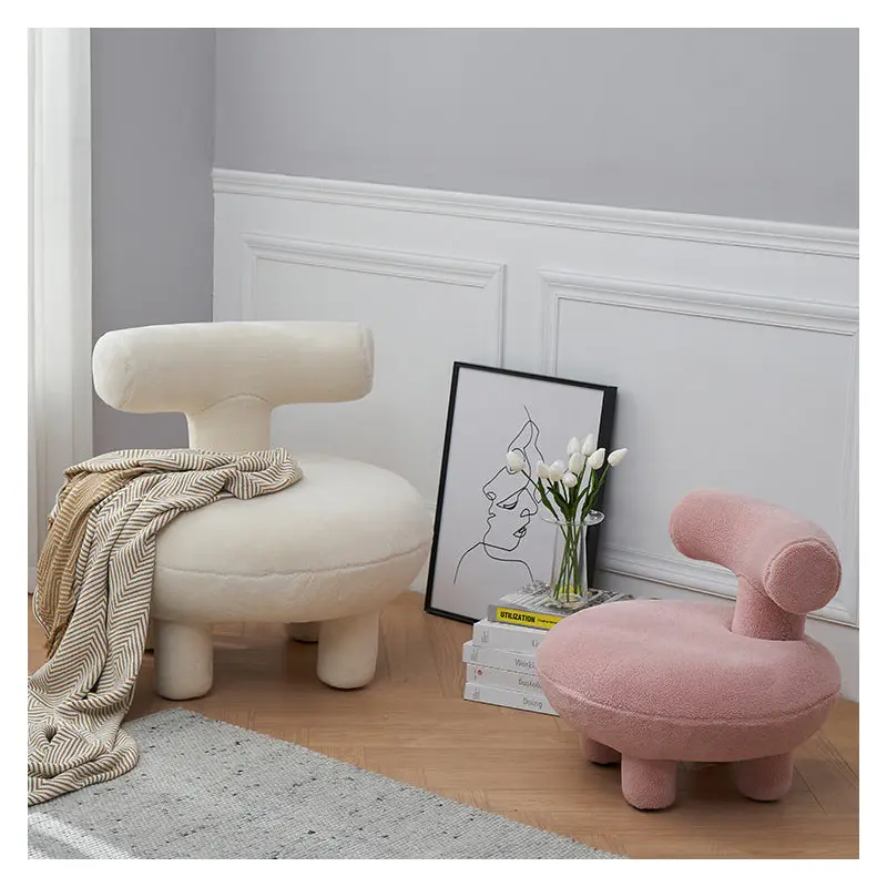 Contemporary Creative Lambswool Solid Wood Curved Round Kids Accent Chair With Backrest For Living Room