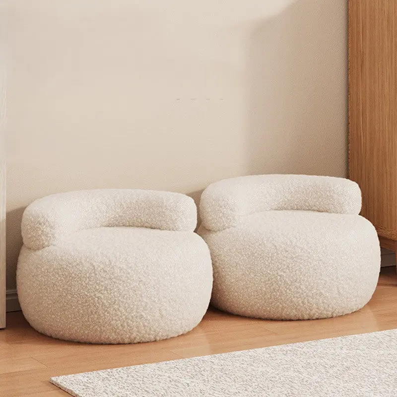 Contemporary Nordic Lambswool & Wood Round Curved Back Low Stool For Bedroom And Living Room