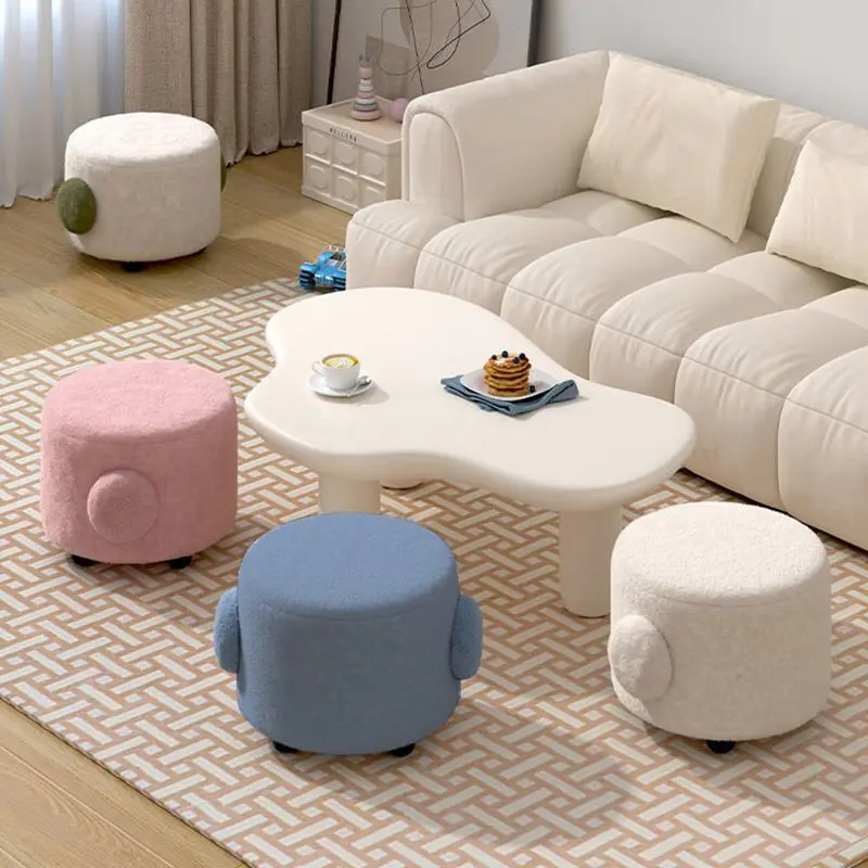 Contemporary Nordic Lambswool Wood Round Low Stool For Bedroom & Living Room