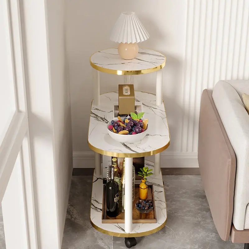 Modern Minimalist Rock Slab & Wood Oval Side Table With 3-Tier Storage For Bedroom And Living Room