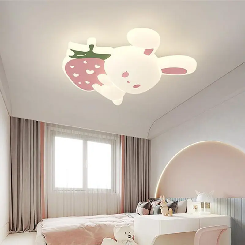 Contemporary Creative Kids Strawberry Bunny Iron PE LED Flush Mount Ceiling Light For Bedroom