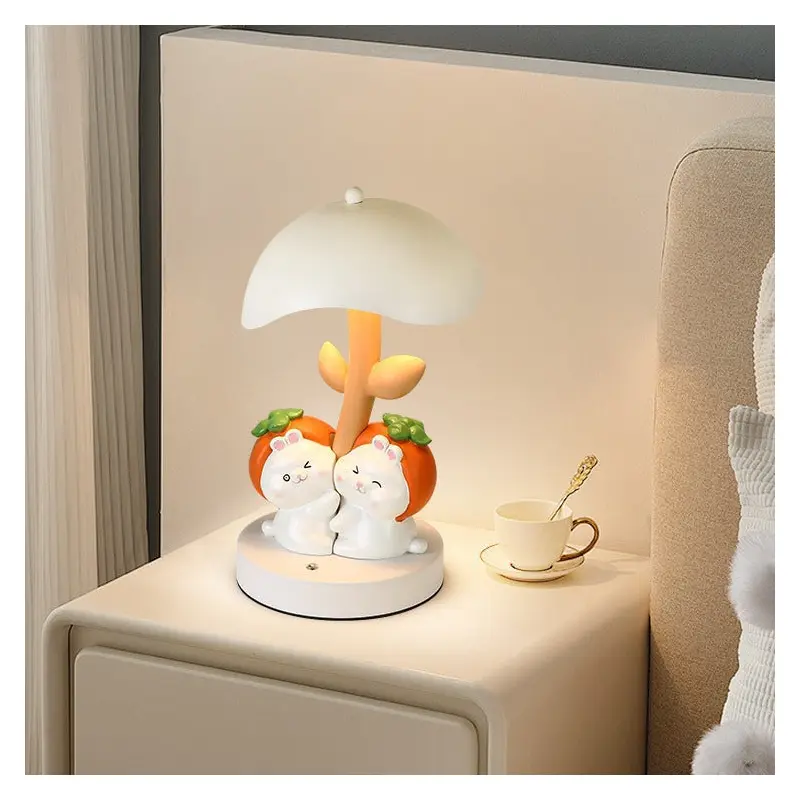 Contemporary Creative Resin Rabbit Decor Iron Mushroom Shade LED Night Light Table Lamp For Bedroom