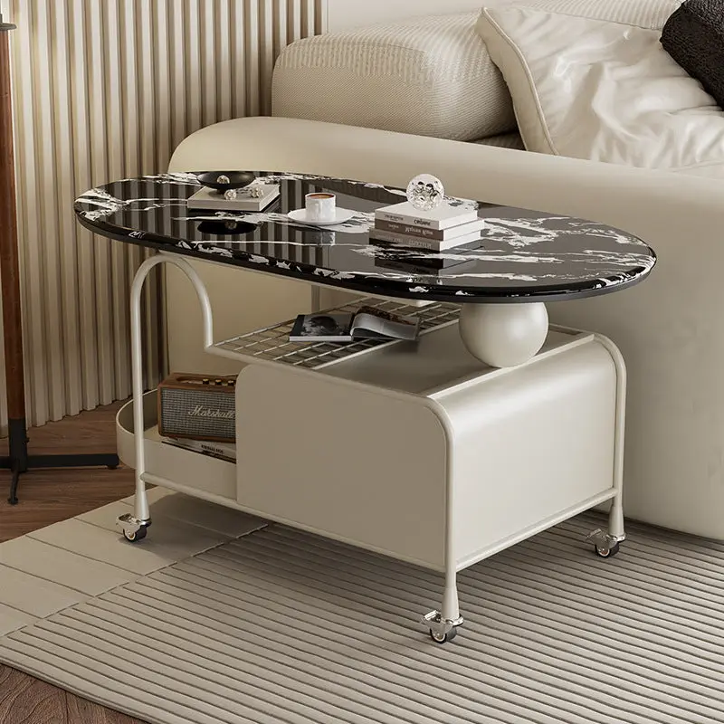 Contemporary Nordic Microcrystalline Stone & Carbon Steel Oval Side Table For Bedroom And Living Room