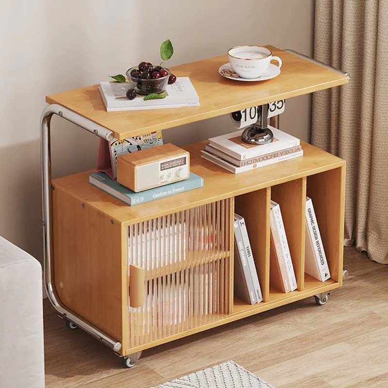 Modern Minimalist Plank, Stainless Steel & Glass Rectangular Side Table With Mobile Design For Living Room And Bedroom