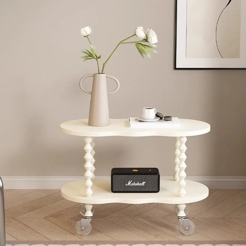 Traditional French Plank & Wood Oval Side Table With Wheels And 2-Tier Storage For Bedroom And Living Room