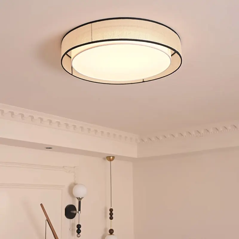 Traditional Japanese Alloy, Plant Fiber & Acrylic Round LED Flush Mount Ceiling Light For Bedroom, Living Room & Dining Room