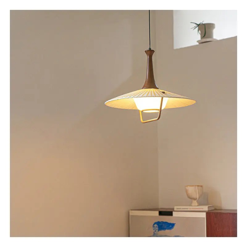 Traditional Vintage Pleated Fabric Hat Shade Solid Wood Iron 1-Light Pendant Light For Living Room