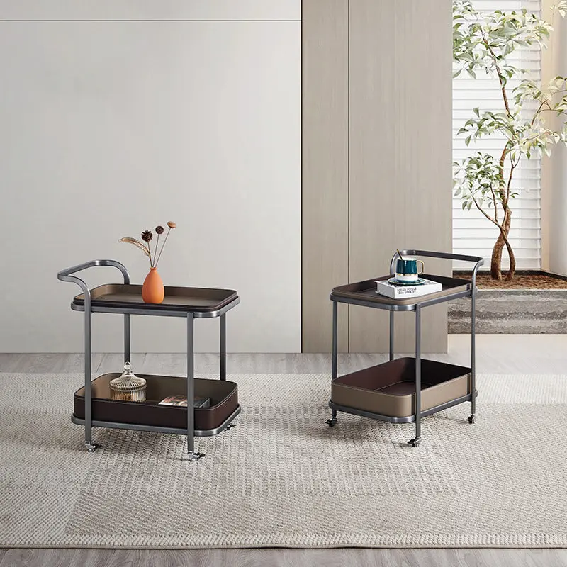 Modern Simplicity Saddle Leather Stainless Steel Rectangular Cart End Table 2-Tier Movable For Living Room