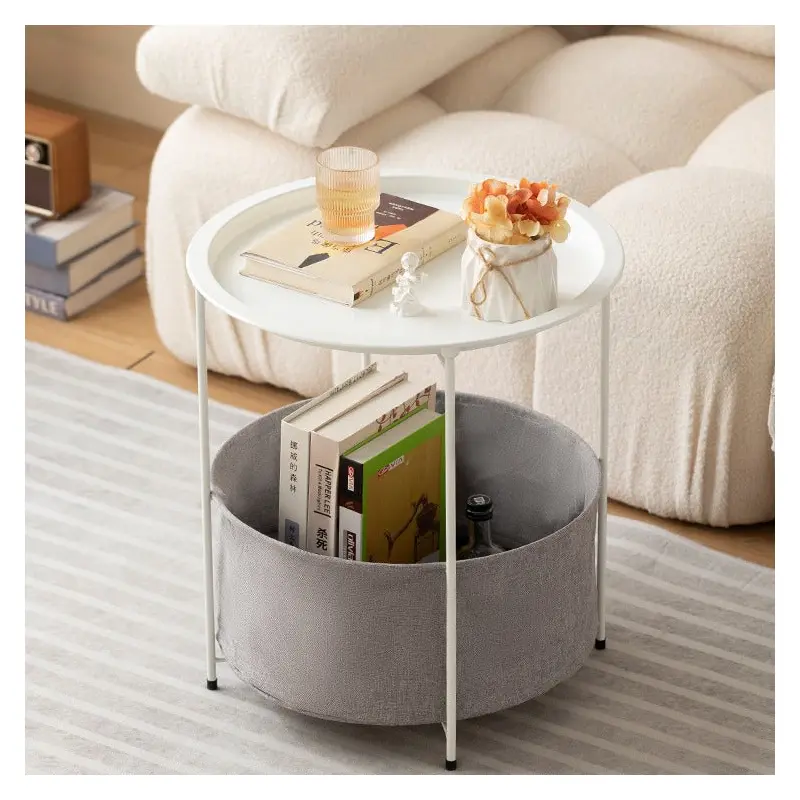 Modern Minimalist Round Iron Fabric End Table 2-Tier For Living Room