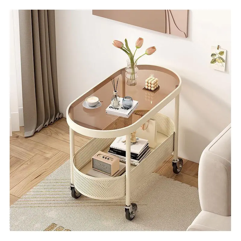 Modern Simplicity Oval Glass Top Iron Movable End Table 1-Tier Cabinet For Living Room