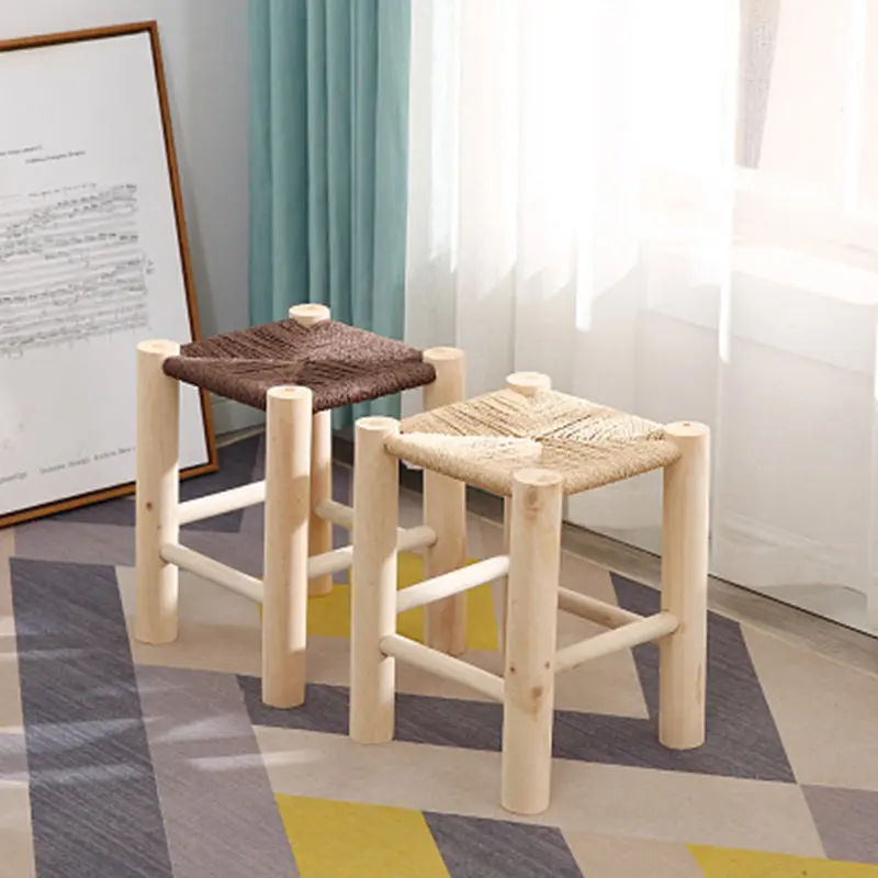 Contemporary Simplicity Hemp Rope Weaving Pine Low Stool Backless Armless For Living Room