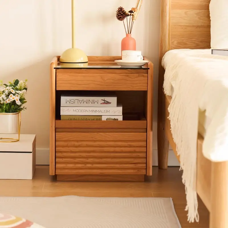 Traditional Japanese Square Cube Cherry Wood Glass Nightstand 2 - Drawer For Bedroom