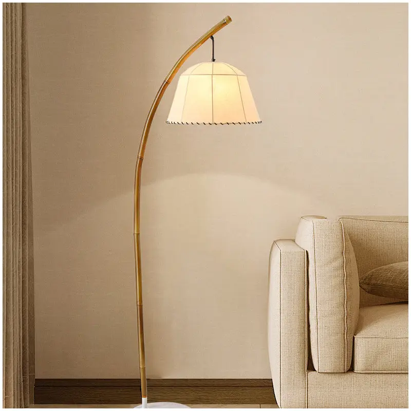 Traditional Vintage Round Cone Bamboo Fabric Marble 1-Light Standing Floor Lamp For Living Room