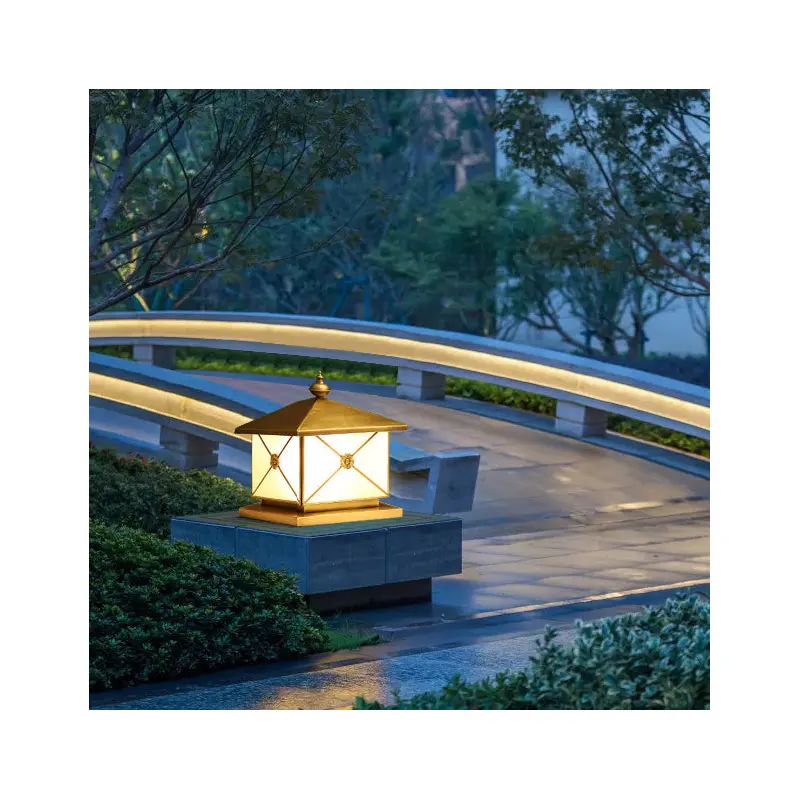 Traditional Chinese Square Full Copper Glass 1-Light Solar Outdoor Post Head Light For Garden