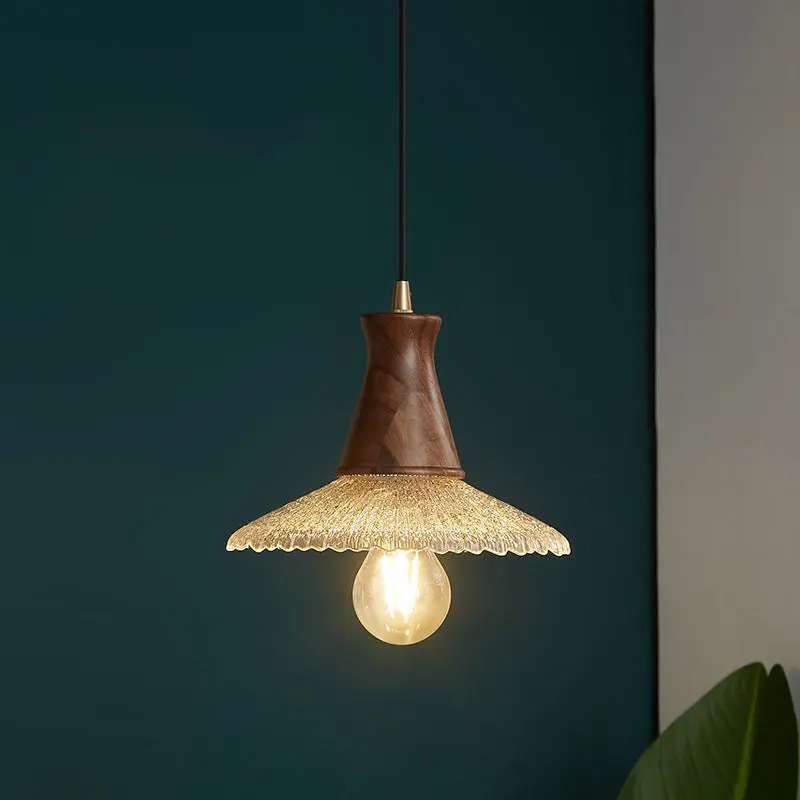 Traditional Vintage Water Ripple Tapered Glass Solid Wood 1-Light Pendant Light For Living Room