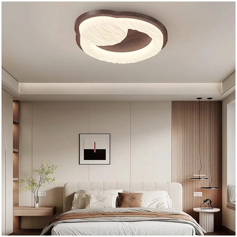 Traditional Vintage Round Rubberwood PE LED Flush Mount Ceiling Light For Living Room