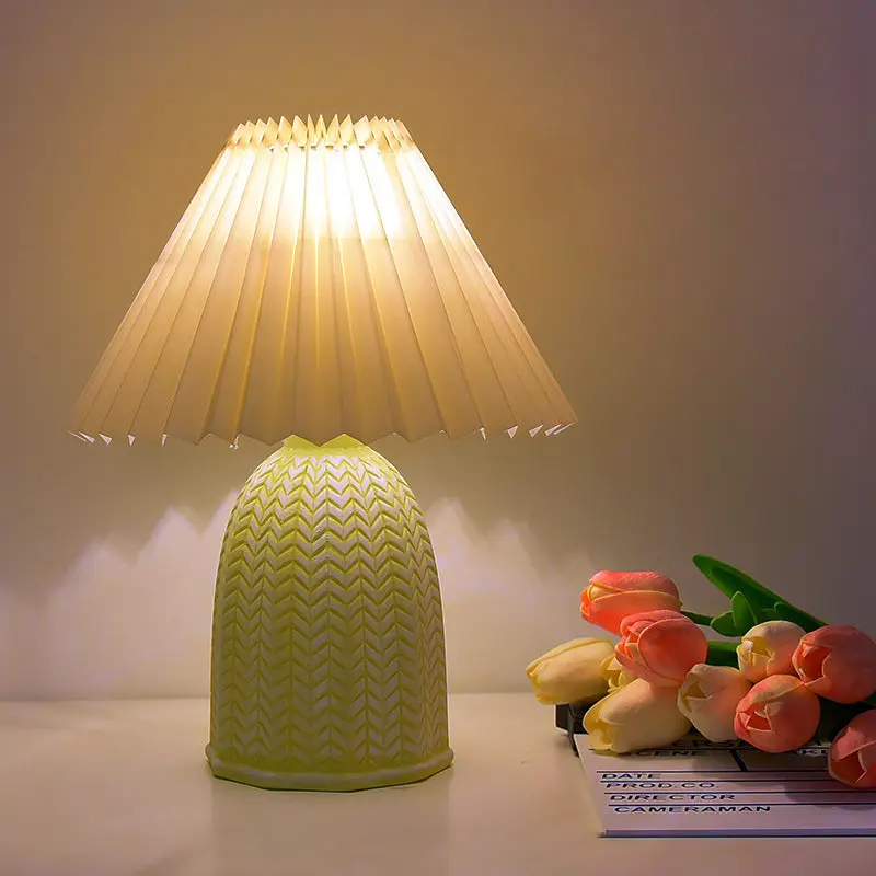 Traditional Vintage Scalloped Cylinder Round Fabric Ceramic LED Table Lamp For Living Room