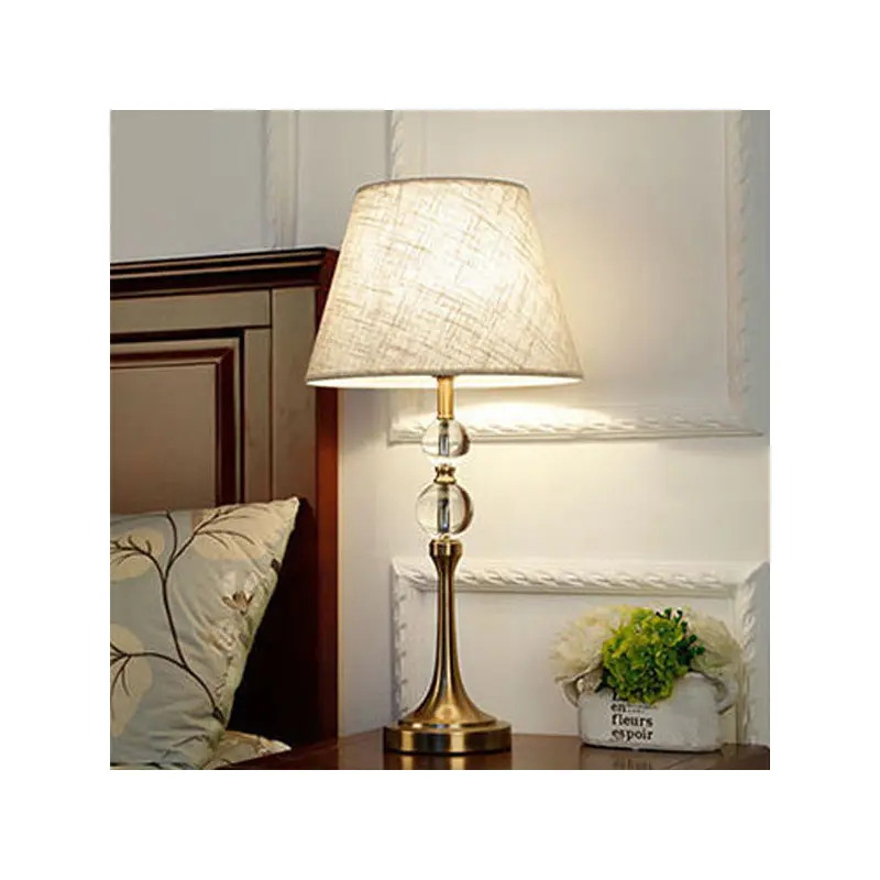 Traditional Vintage Scalloped Round Beads Fabric Crystal Brass 1-Light Table Lamp For Living Room