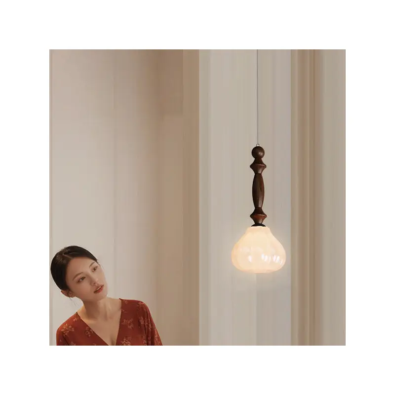 Traditional Vintage Floral Round Cone Wood Iron Glass LED Pendant Light For Bedroom