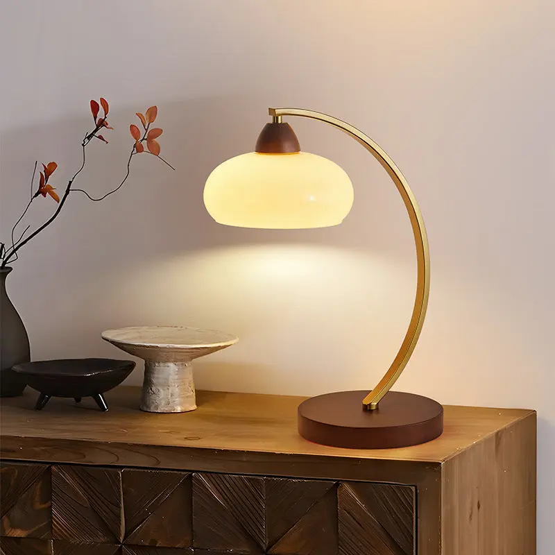 Traditional Vintage Round Wood Iron Glass 1-Light Table Lamp For Living Room