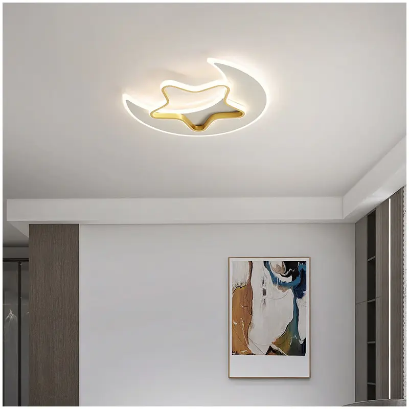 Contemporary Creative Moon Star Iron Acrylic LED Flush Mount Ceiling Light For Bedroom