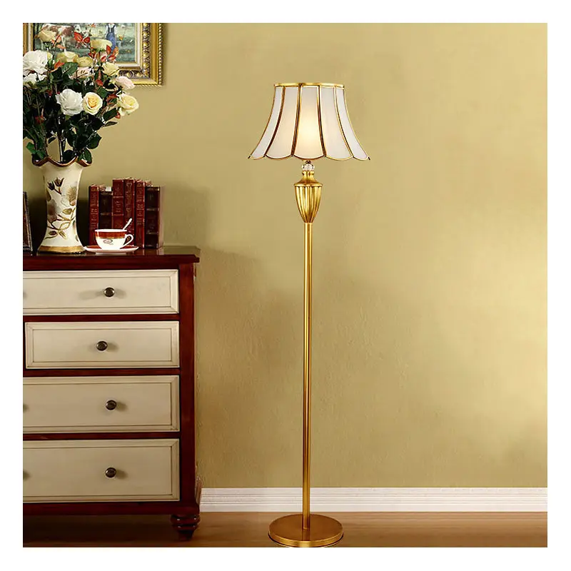 Traditional European Round Lace Copper Glass 1-Light Standing Floor Lamp For Living Room