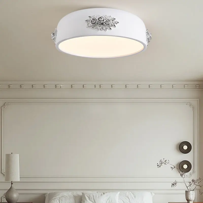 Traditional French Rose Pattern Resin Stainless Steel Acrylic Lampshade LED Flush Mount Ceiling Light For Bedroom
